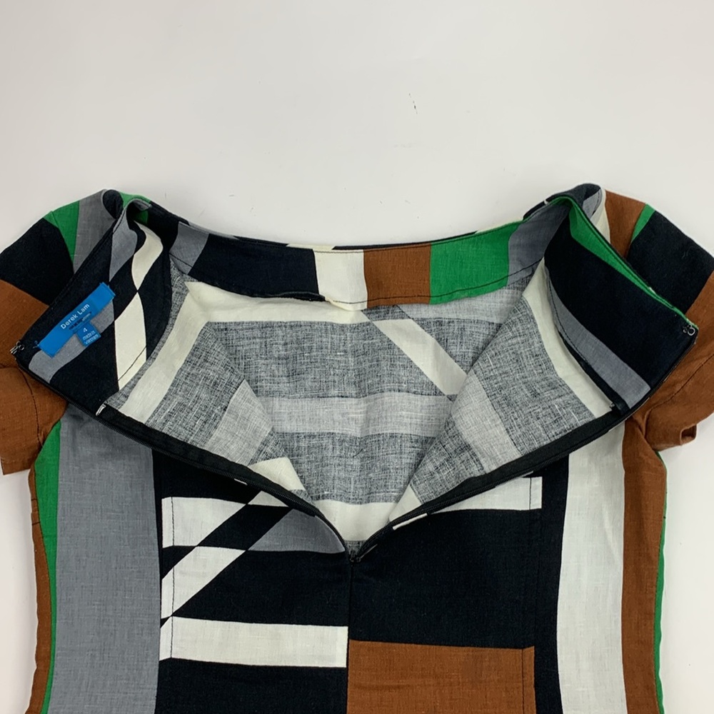 Derek Lam Linen Dress Size 4 Short Cap sleeve Zip up Geometric Multicolor Earthy - Picture 8 of 15